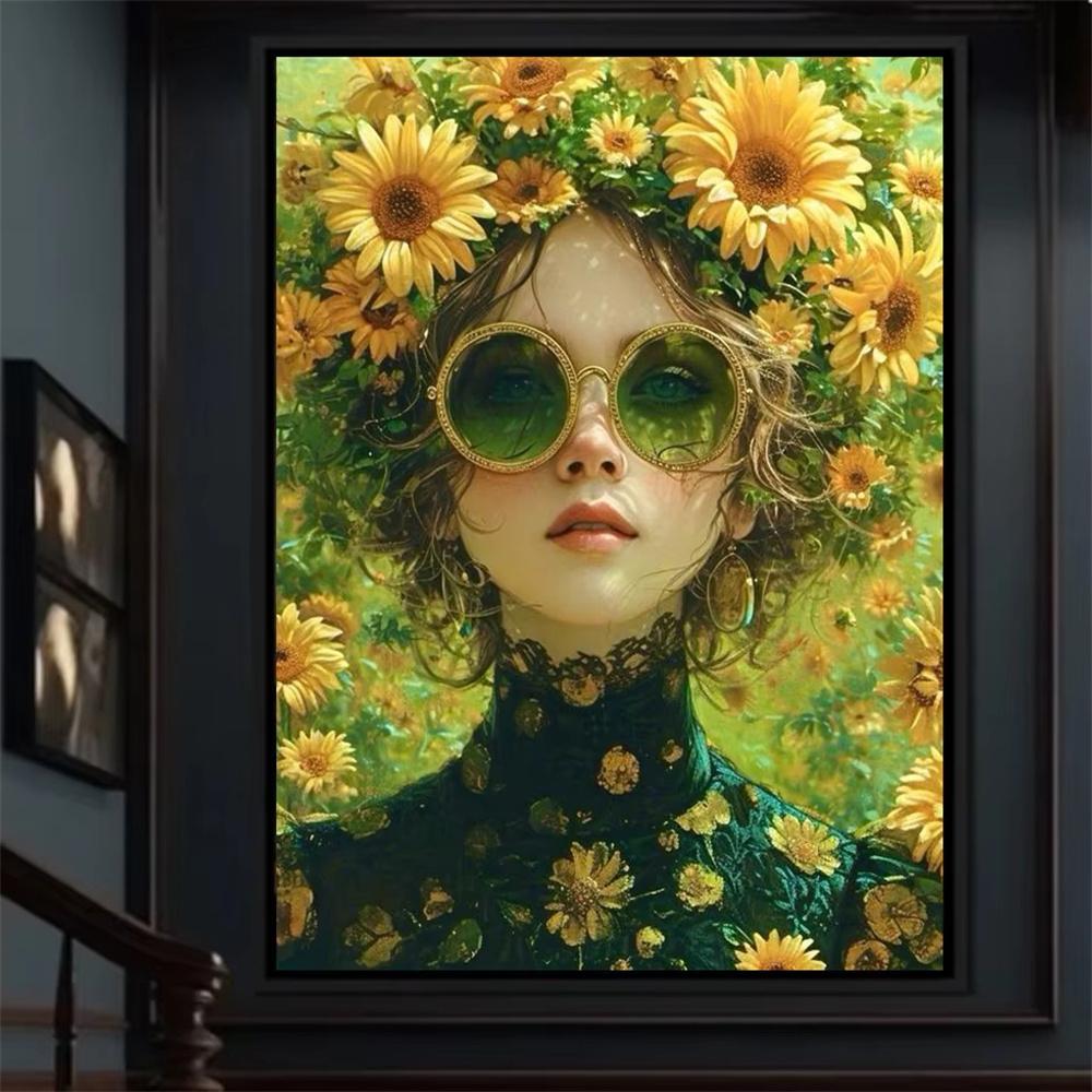 Diamond Mosaic Embroidery Beautiful Woman with Glasses Flower Diamond Painting Full Square Round Rhinestones Cross Stitch Art