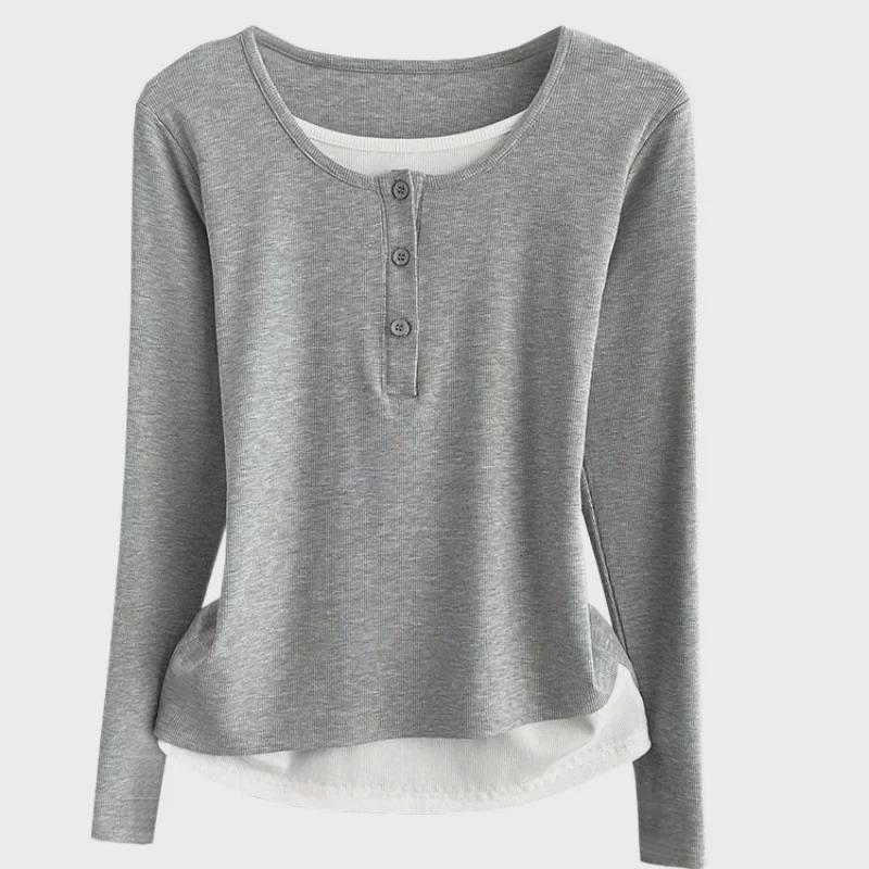 Women's Gray Two-Piece Effect Long-Sleeve T-Shirt – Slim-Fit Spring/Autumn Casual Top