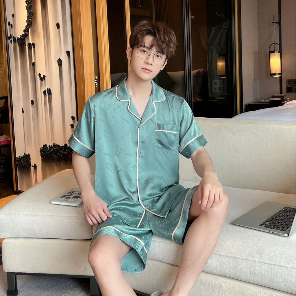 Pajamas Men's Pajamas Summer Bing Silk Short Sleeve Shorts Thin New Bear Spring Summer Silk Loungewear Set N11