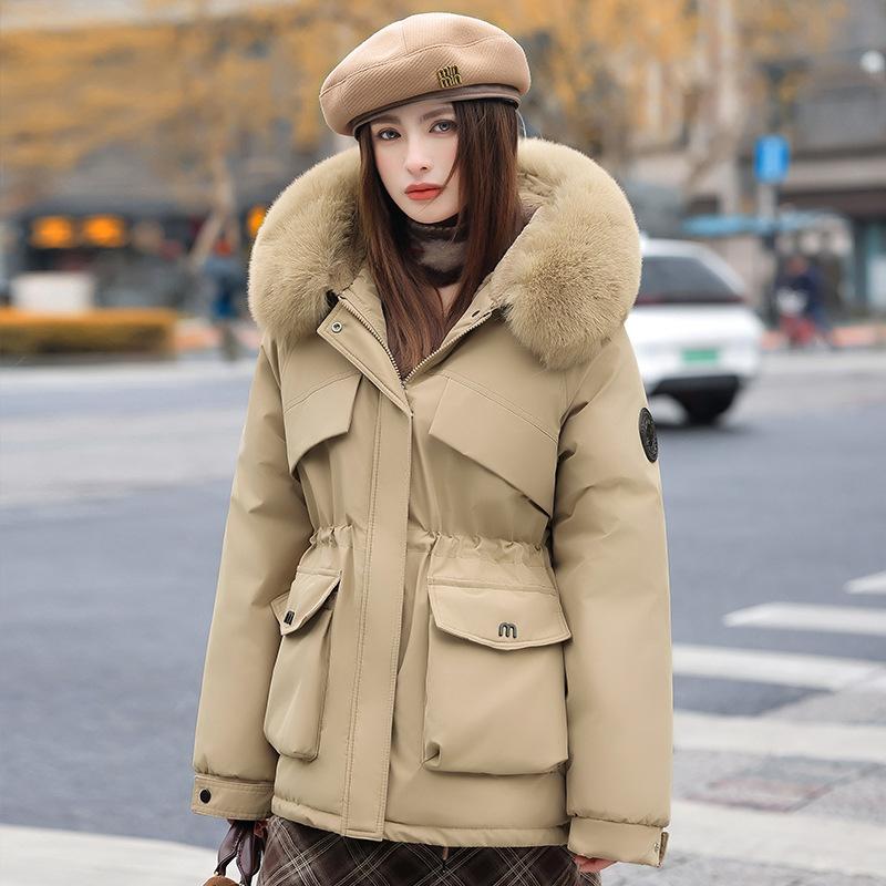 Pie Overcomes Women's Winter 2025 New Skinny Down Cotton Clothing Fashion Plush Thick Hair Collar Integrated Jacket