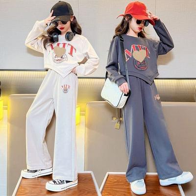 Girls Spring and Autumn Clothes Suit Irregular Letters Sweatshirt + Wide Leg Sweatpants Tracksuit
