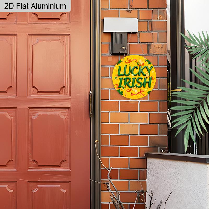 2D Flat Aluminum St. Patrick's Day Lucky Irish Round Aluminum Sign, Metal Hanging Plaque with Shamrock & Ribbon Design, Yellow and Green Irish Themed