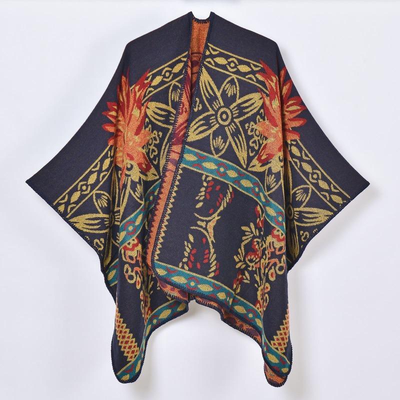 Autumn and Winter Retro Thickened Warm Shawl Cape Fashion Flower Split Jacquard Scarf