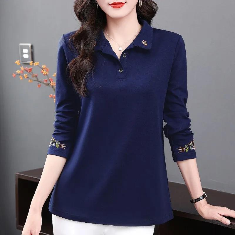 Women's Spring/Autumn Long-Sleeved Collared Oversized T-Shirt for Middle-Aged Mothers, Casual Inner Polo Shirt