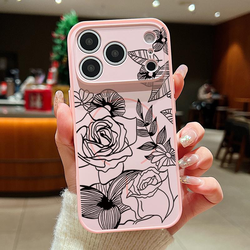 Case For iPhone 17 Pro Max Line Rose Flowers Leaves Pattern Magnetic For Magsafe Hybrid Slim Matte Cover For iPhone 16 15 14 13 Pro Max