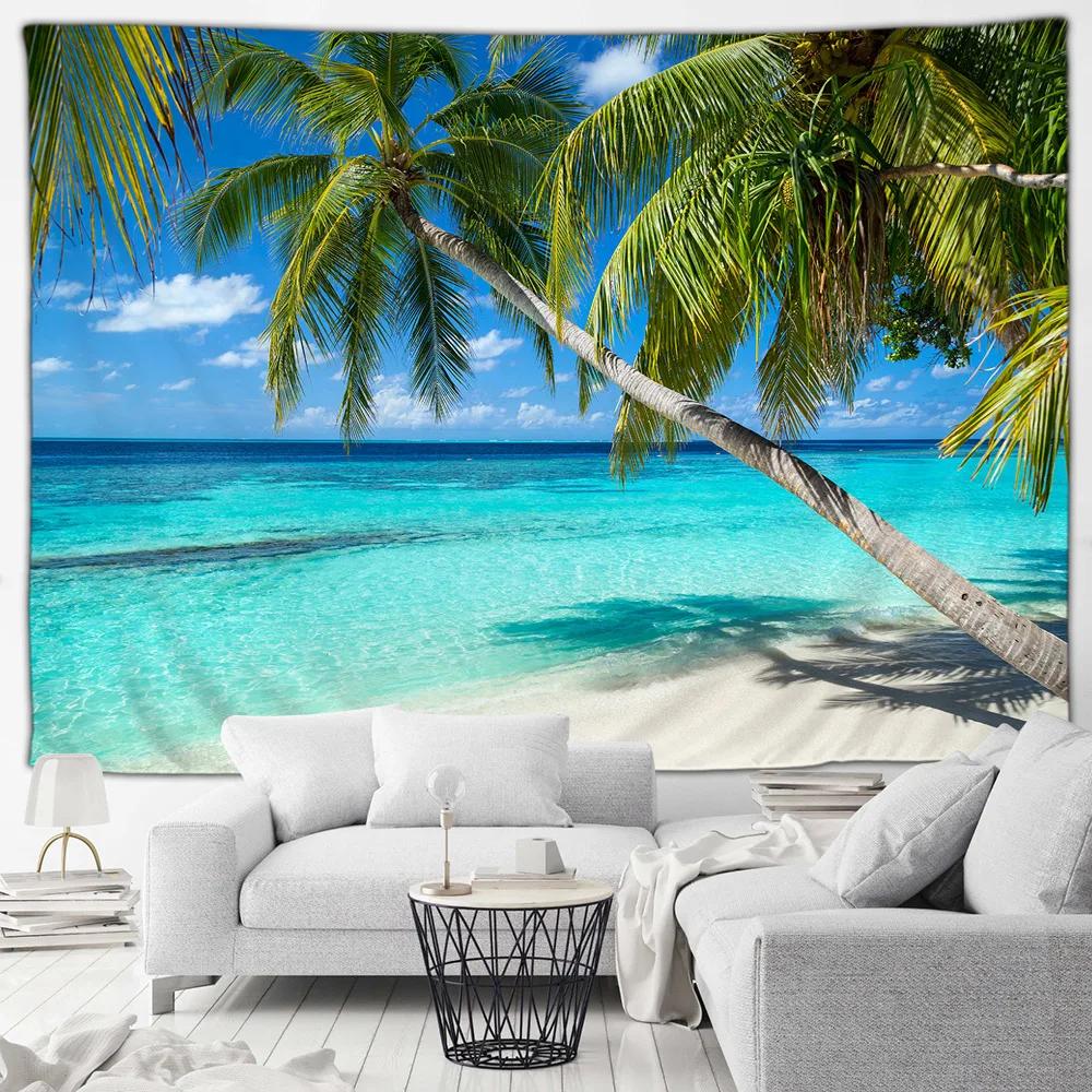 Seaside Beach Tapestry Island Coconut Tree Sunbed Hawaii Ocean Landscape Fabric Home Living Room Garden Decoration Wall Hanging