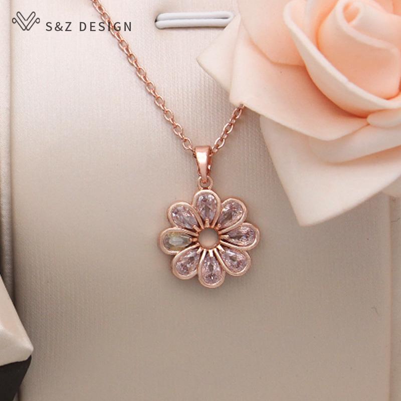 Fashion Elegant Rose Gold Color Flowers Cubic Zirconia Pendant Necklace For Women Romantic Jewelry Gift