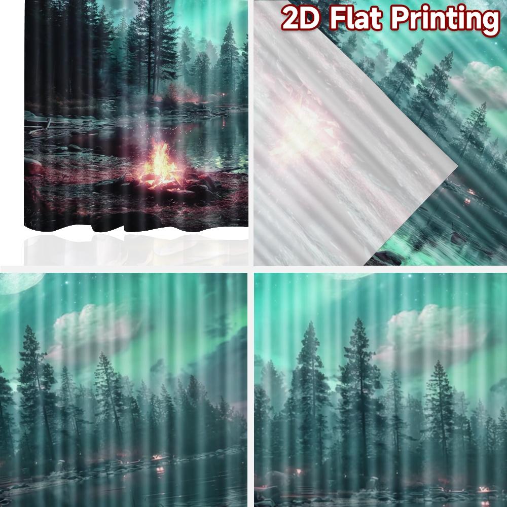 2D flat printing 2pcs Curtain Scene Curtains Moonlit Aurora Campfire Digital Printed Polyester Drapes Holiday Decorations for