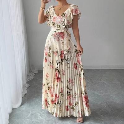 Women's Printed Pleated Beach-style Frilly Waist Elegant and Romantic Dress