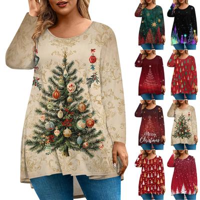 Women's Fashion Large Size Round Neck Long Sleeve Casual Christmas Print Loose Pullover Top