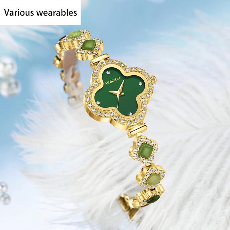 Modă Lux Ușor Retro Trifoi cu Patru Foi Brățară Bijuterii High-end cu Diamante pentru Femei Ceas Rezistent la Apă Jad Hetian