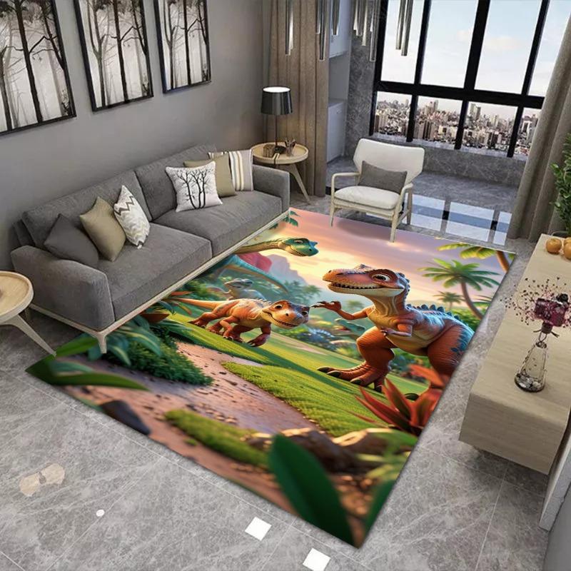 Cartoon Dinosaur Carpet Mat T-Rex Triceratops Prehistoric Landscape Kids Room Educational Colorful Playful Home Decoration Rug