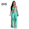 2 Pcs/Set Women Vacation Outfit V Neck Backless Sleeveless Camisole High Waist Wide Leg Printed Pants Set Beach Crop Top Trousers Set Resort Wear