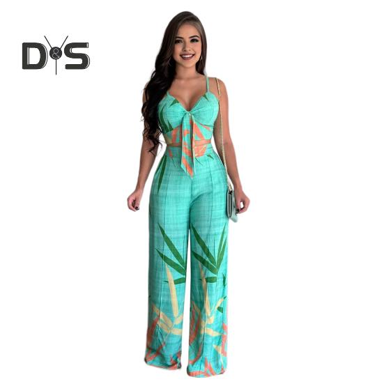 2 Pcs/Set Women Vacation Outfit V Neck Backless Sleeveless Camisole High Waist Wide Leg Printed Pants Set Beach Crop Top Trousers Set Resort Wear