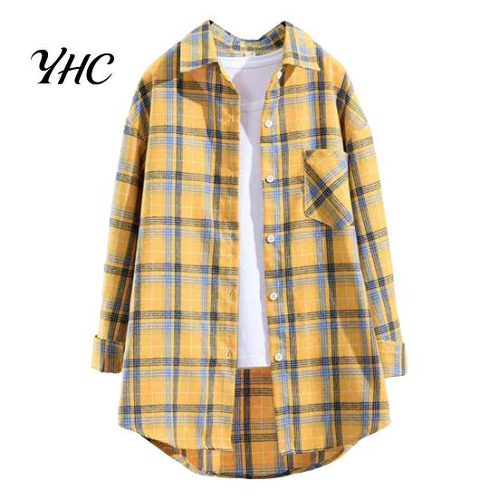 Ladies Blouse Turn Down Collar Long Sleeve Single-breasted Patch Pocket Loose Shirt Top Classic Plaid Print Casual Female Clothing