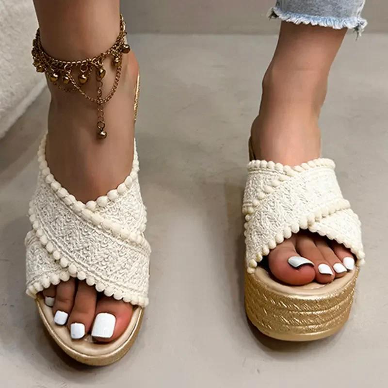 Women\'s Thick Sole Chunky Platform Slippers Cross Band Decor Wedges Sandals for Woman Summer Plus Size Comfort Non Slip Slides