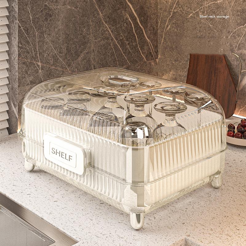 Kitchen Drain Rack, Large-capacity Dishware Storage Box, Dust-proof with Cover, Countertop Tableware Storage and Organization