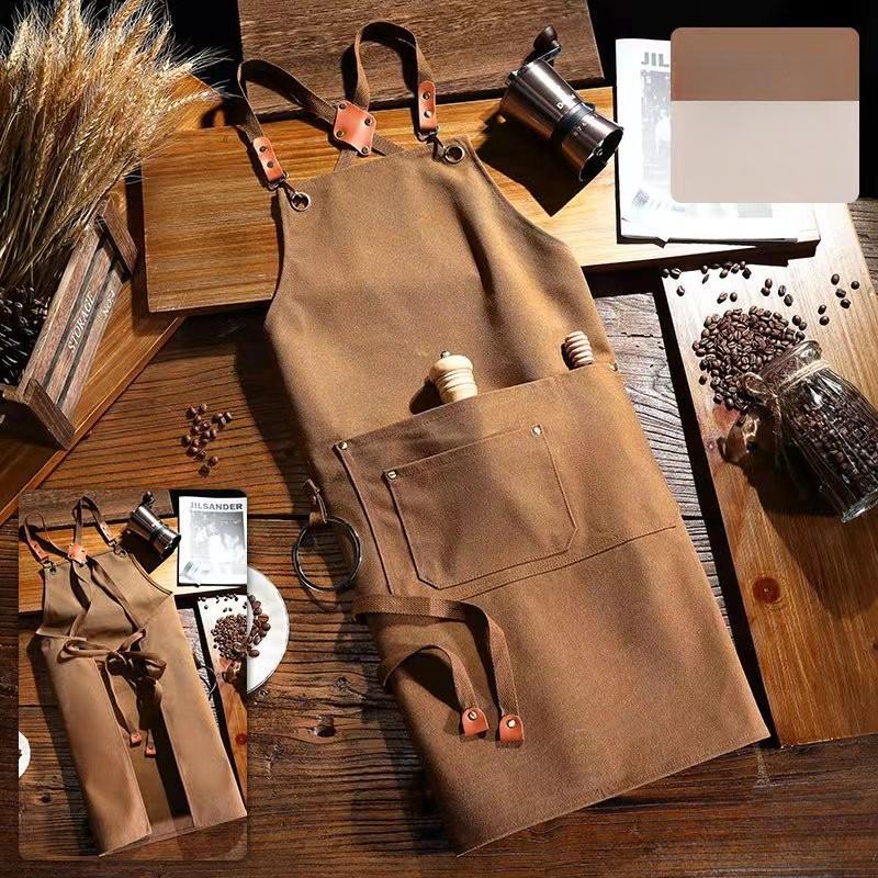 

Waterproof and Oil-proof Cotton Canvas Apron Milk Tea Shop Bartender Kitchen Work Clothes