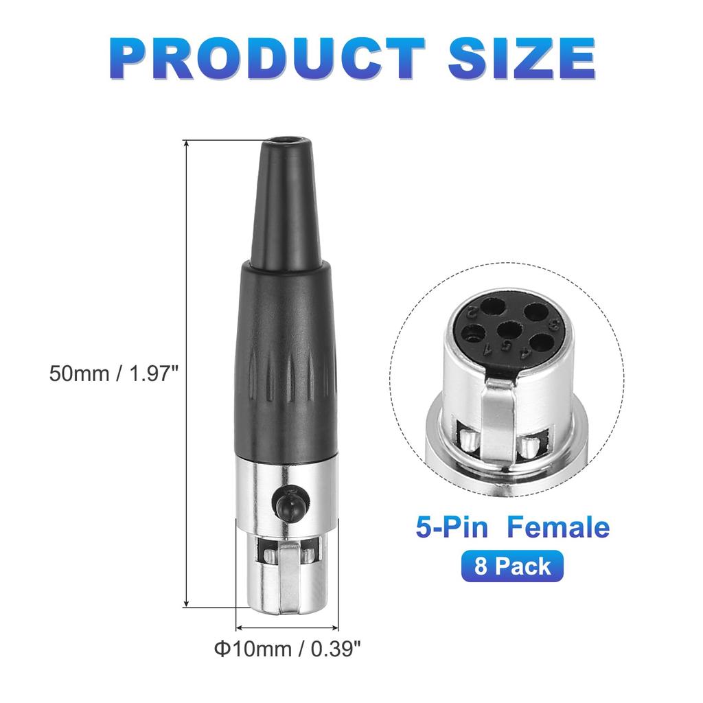 uxcell 8-Pack 5-Pin Female Mini XLR Connector TA4F Jack Adapter Plug Replacement Cable Terminal Black