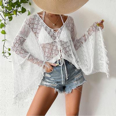 Damen-Strandbluse mit Quaste, sexy, ausgestellte Ärmel, langärmeliges Sunwear-Oberteil