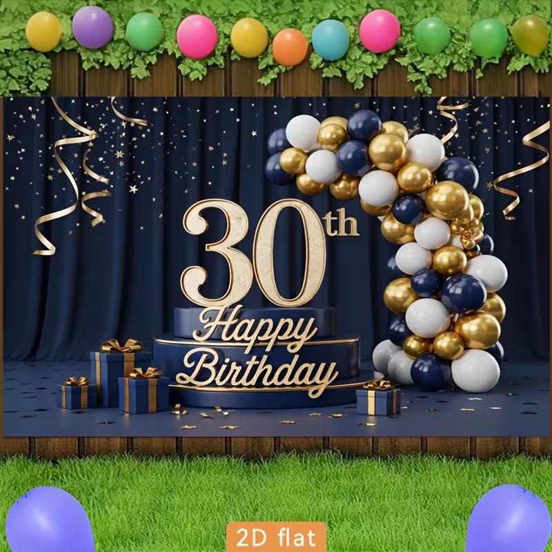 Sfondo 2D Buon 30° Compleanno Tenda Blu Navy Palloncino Oro Decorazione Festa