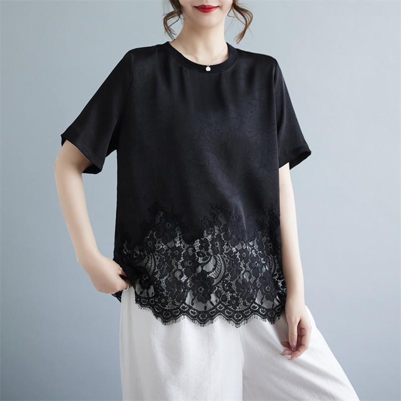 Short sleeve oversized lace patchwork vintage casual loose summer tee t shirt women t-shirt woman tshirt 2026 tops clothing