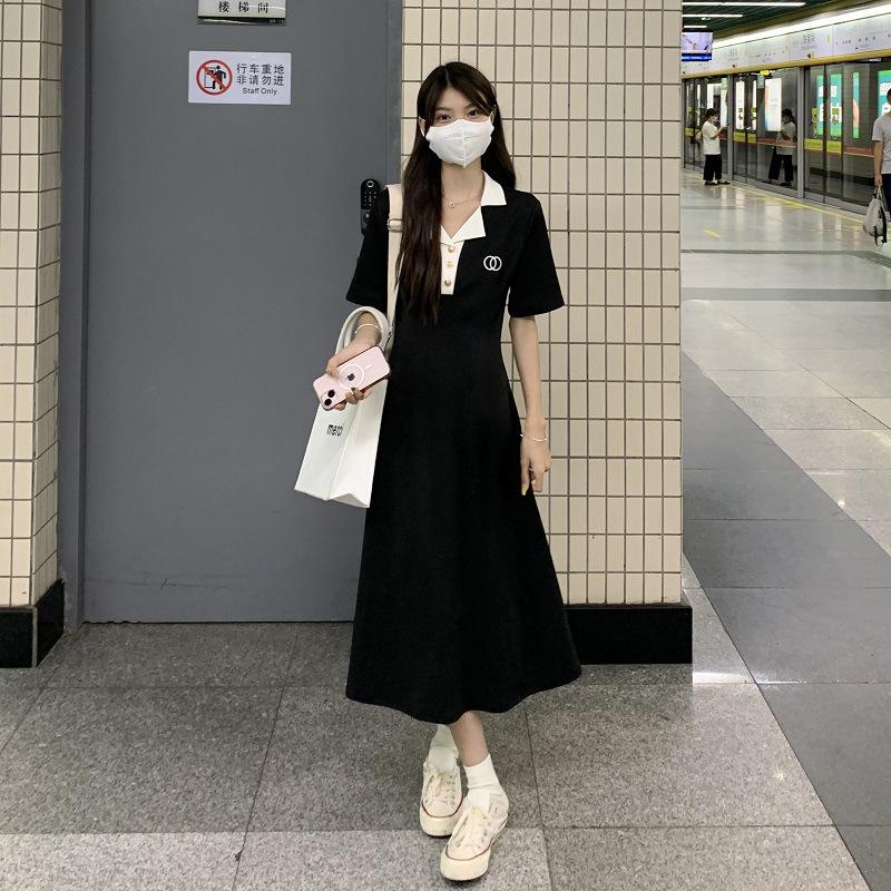 

YYFS женские модные летние весенние однотонные повседневные платья с короткими рукавами и воротником-поло с высокой талией и принтом XXXXL чёрный