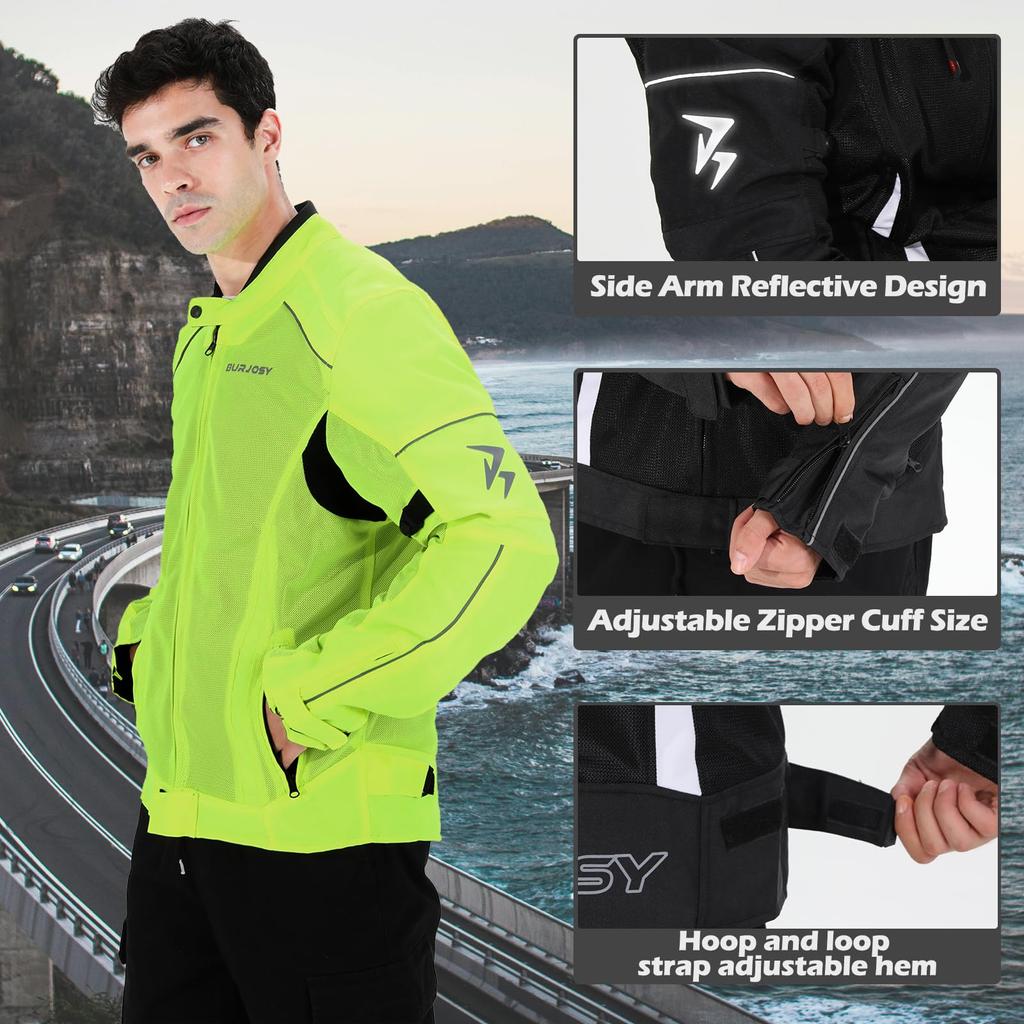 Motorcycle Protective Mesh Jacket for Spring and Excellent Comes with a Wearable Adjustable Waist and Cuffs with Reflectors [Burjosy] Summer,