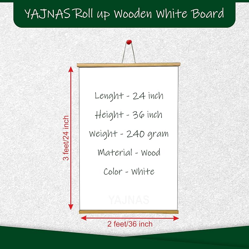 Yajnas 2X3 Feet/ 60X90 Cm Roll Up Wooden White Board For Teaching Chalk Board Wall Hanging For Kids + Wooden Duster (60
