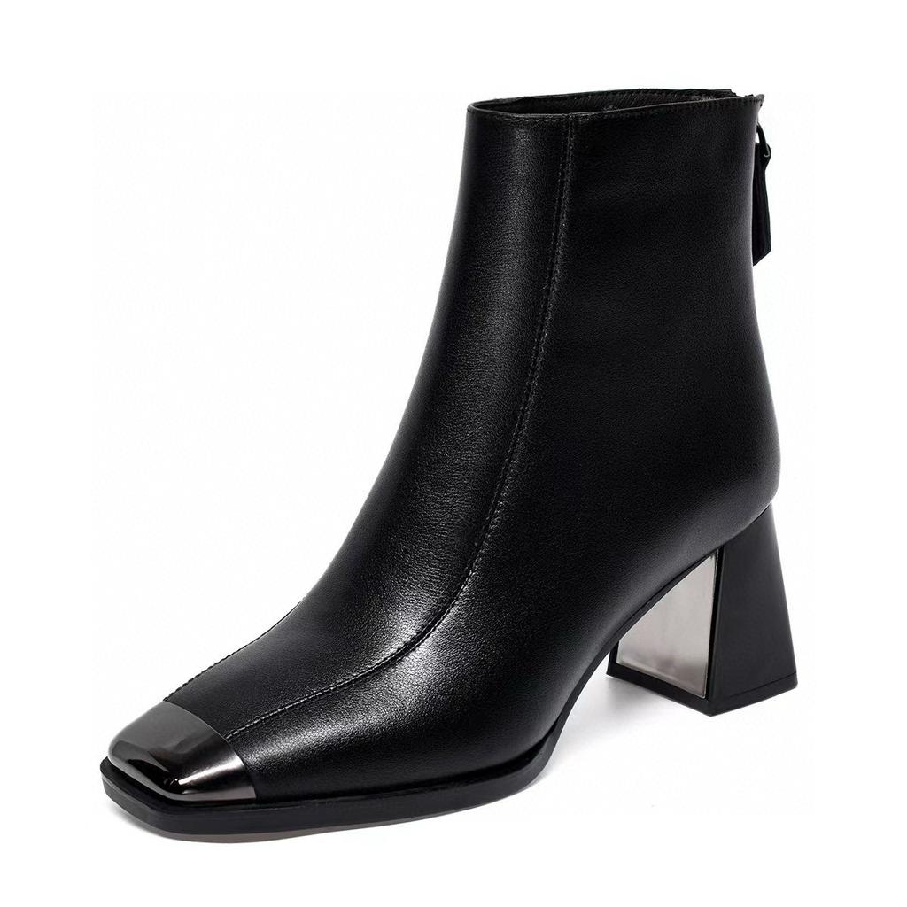 Square head fashion boots women's 2025 iron bag head rear zipper thick heel women's boots French simple temperament leather boots Chelsea boots