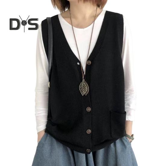 Women Knitting Vest V-Neck Sleeveless Single Breasted Warm Waistcoat Solid Color Loose Fit Knitted Tank Tops with Pockets