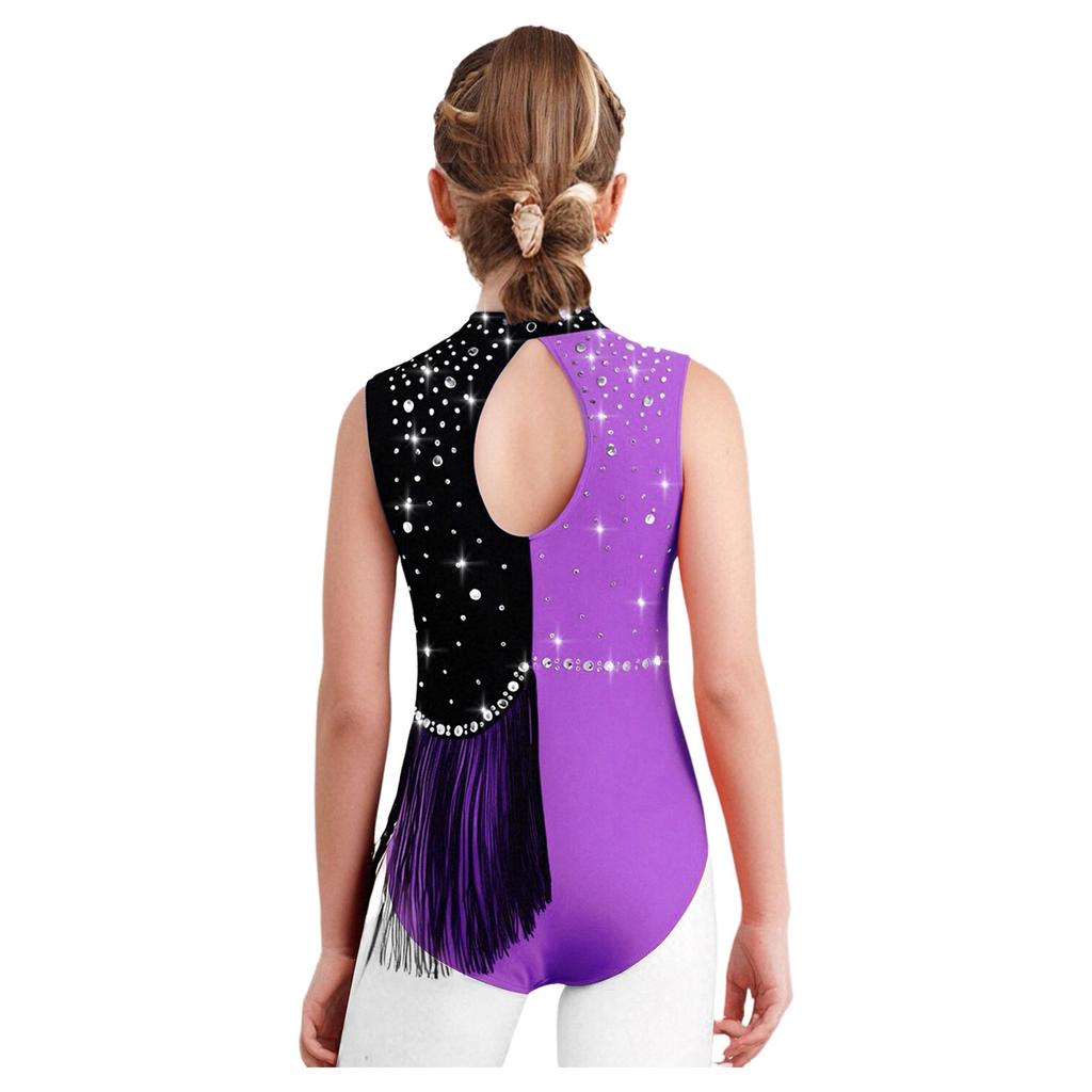 Girls Color Block Gymnastics Leotard with Mock Neck & Keyhole Back, Shiny Rhinestones & Tassels for Dance & Figure Skating
