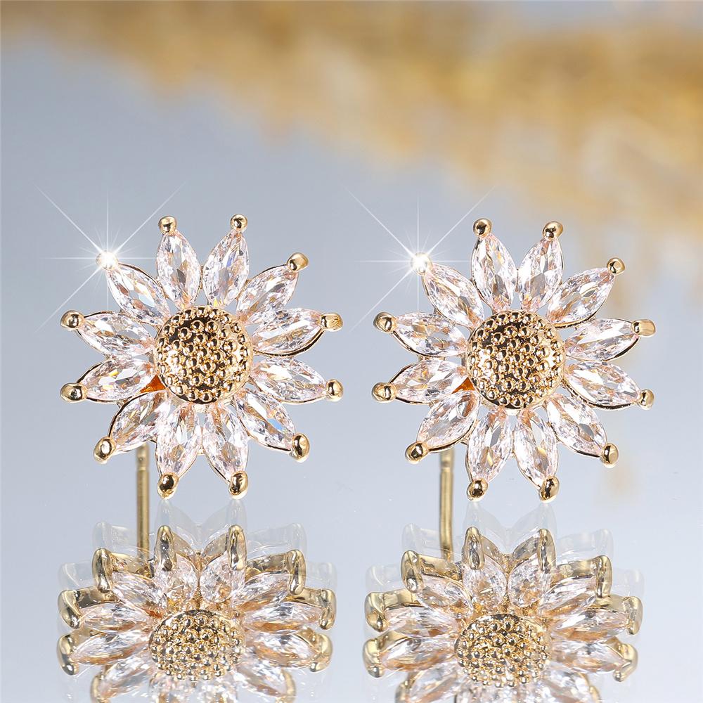 Female Cute Crystal White Zircon Stone Sunflower Stud Earrings Vintage Rose Gold Color Wedding  Jewelry For Women