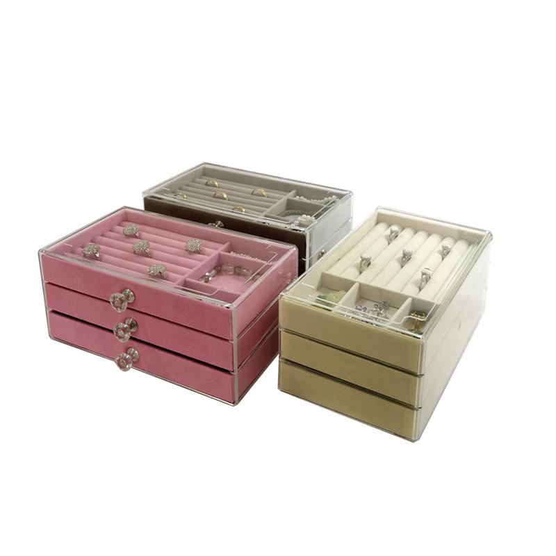 High-end Velvet Fabric Jewelry Storage Box Three-layer Multi-functional Dust-proof Drawer Storage Box Jewelry Storage Prop