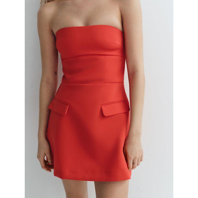 Za2025 Spring New Women's Clothing Fashion Elegant Flip Trim Bandeau One-Shoulder Straight Collar Short Dress 3067311