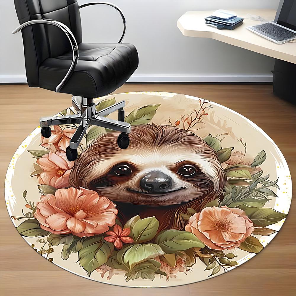 1pc Sloth Floral Print Carpet for Office Non-Slip, Round Carpet, Soft & Comfortable, Carpet for Office, Lightweight Round Floor Mat