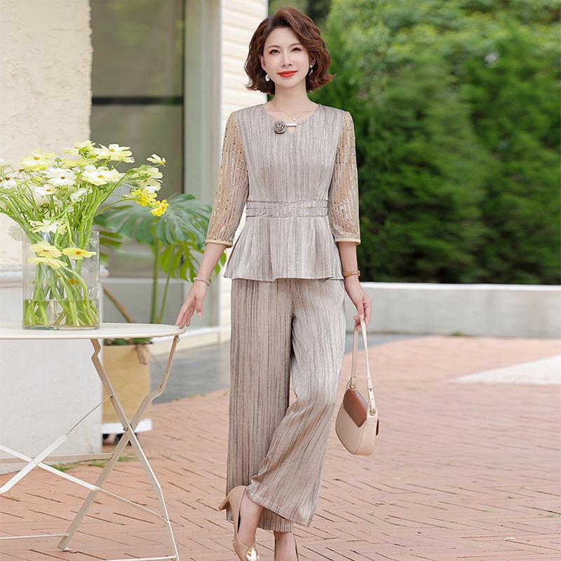 

2026 Summer Fashion: Elegant Two-Piece Wide-Leg Pants Set for Middle-Aged and Elderly Women 4XL [145-160 jin]