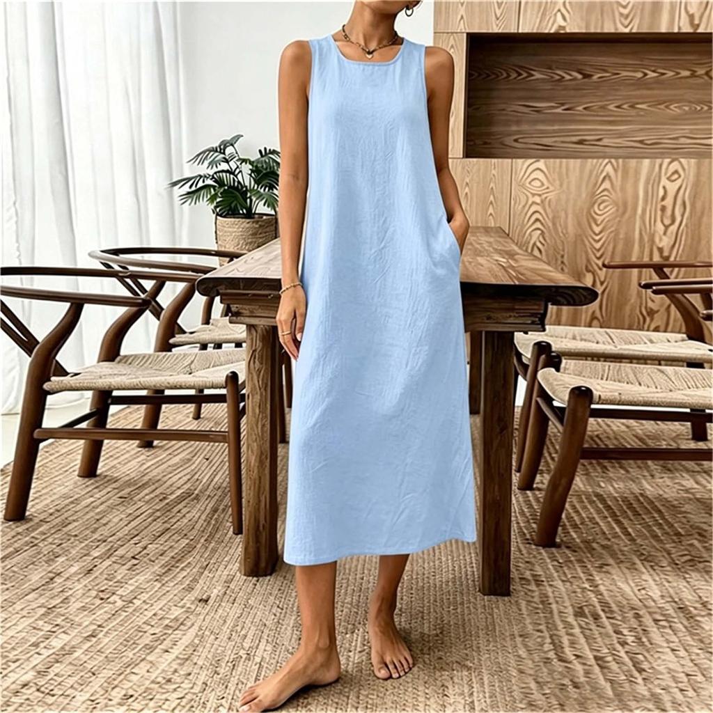 Ärmelloses Damen-Freizeitkleid aus Leinen-Baumwollmischung, Midi, lockere Passform, Rundhalsausschnitt, Sommer-Strandkleid mit Taschen