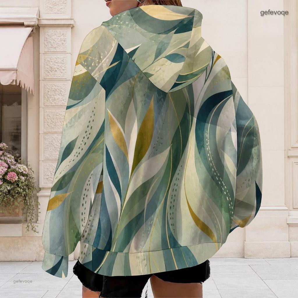 Women Plus Size Zip Up Drawstring Hoodie Tropical Leaf Printed Long Sleeve Sweatshirt With Pockets
