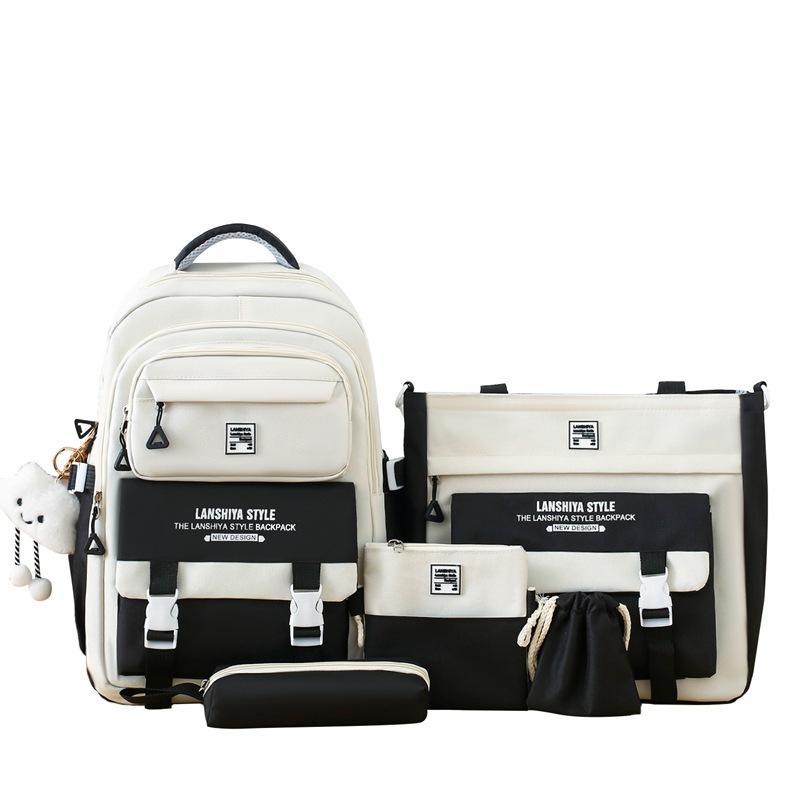 5-Piece Backpack Set Color Block Large Capacity School Bag Korean Style for High School College Students Travel