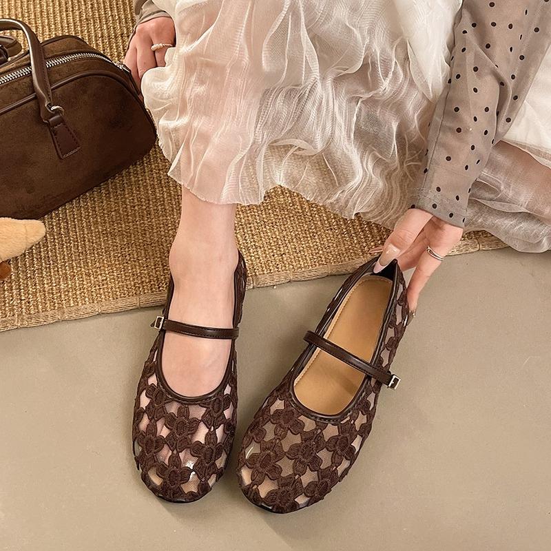 

Women s Ballet Flats Ballerina Shoes 2026 Summer New Comfortable Embroidered Mesh Buckle Strap Elegant Shoe 35 хаки