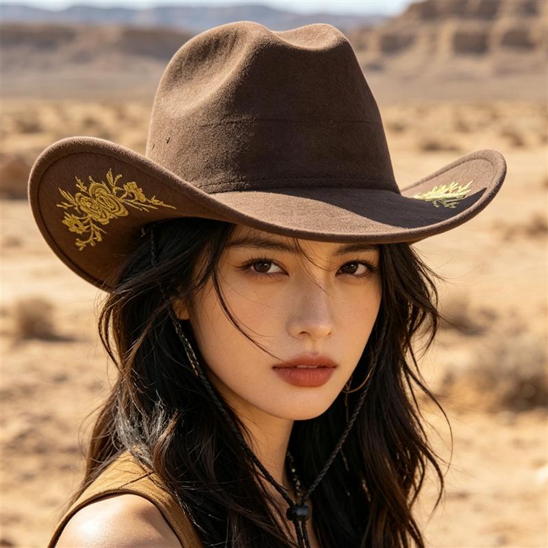 New Straight Hair Exquisite Three-dimensional Embroidered Denim Jazz Hat Outdoor Travel Western Style Suede