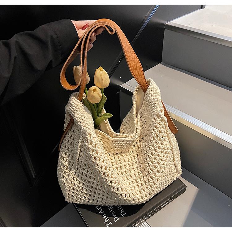 Beach Summer Bag for Women Mesh Woven Shoulder Bag Adjustable Strap Handbag Large Capacity Hobo Bag for Travel Vacation