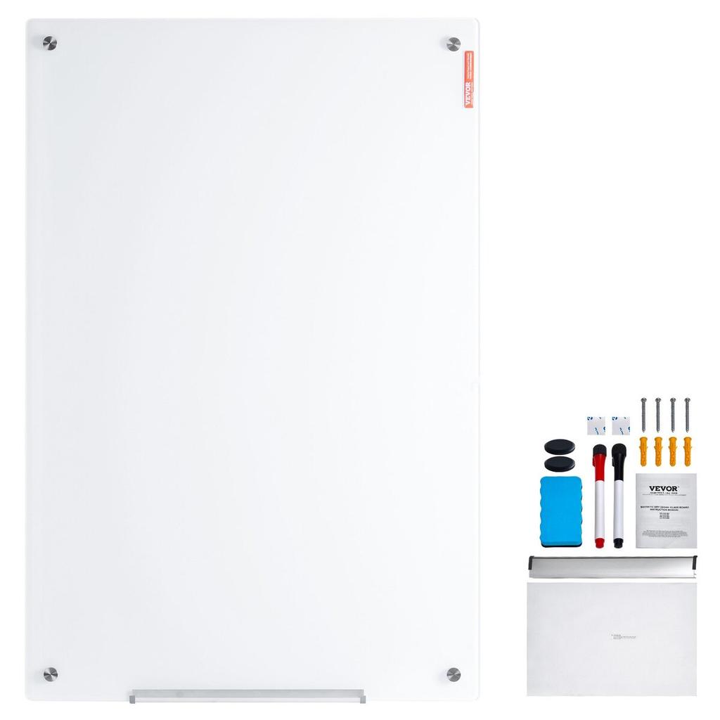 Magnetic Glass Whiteboard, Dry Erase Board 1200 x 800 mm, Wall-Mounted Large White Glassboard Frameless, with Marker Tray, an Eraser and 2 Markers,