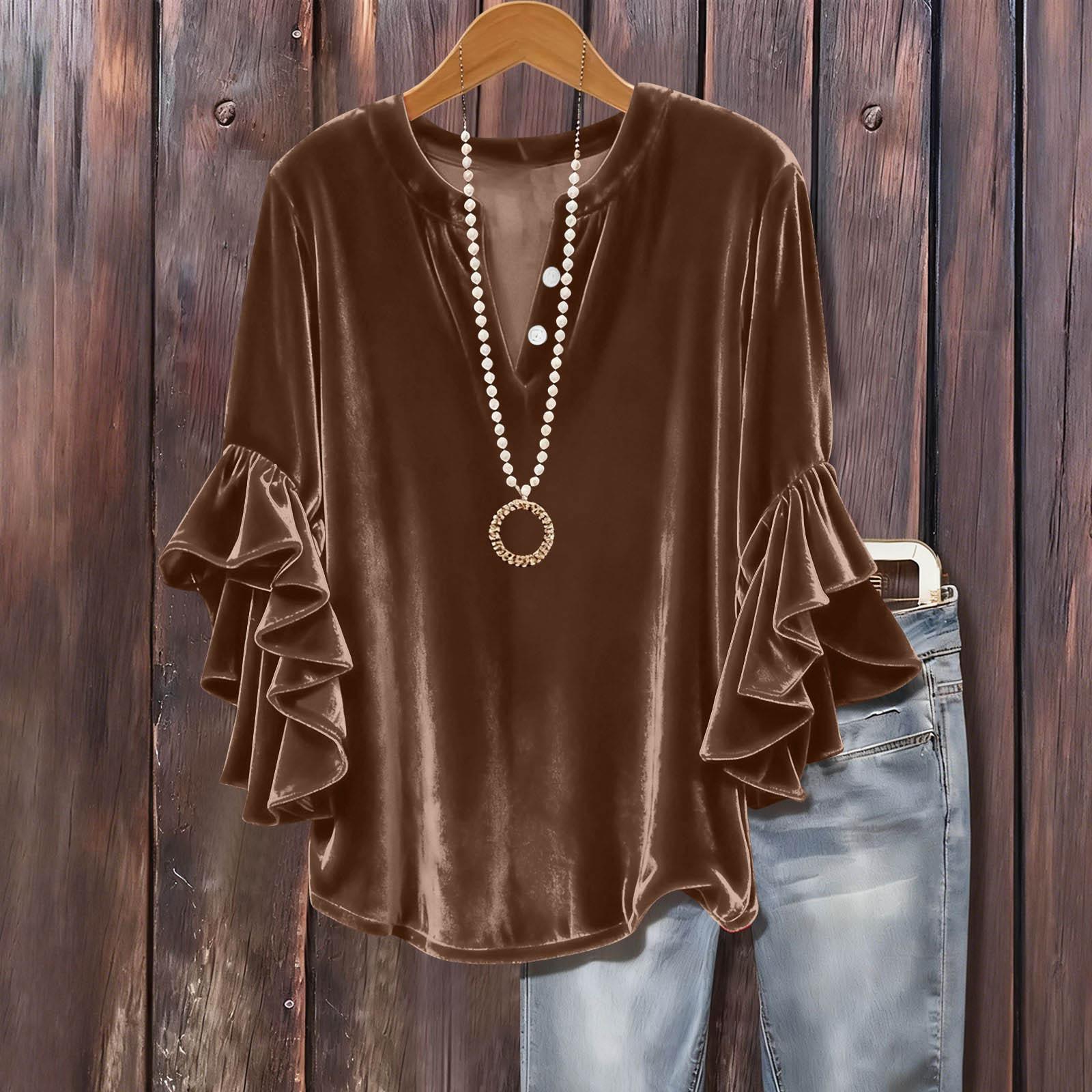 

Жіночий модний однотонний топ з V-подібним вирізом, рукавом сім чвертей, на ґудзиках, універсальний, вільного крою, з рукавами-кльош, з золотого велюру L кавовий