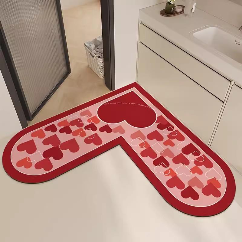 L Shape Diatom Mud Absorbent Bath Mat Non Slip Floor Mat For Bathroom Entrance Heart Design Festive Doormat