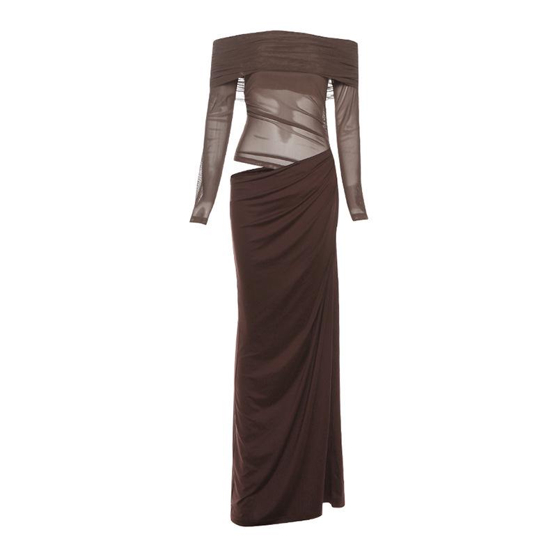 2026 Spring Women's European Style Sexy One-Shoulder Mesh Long Dress