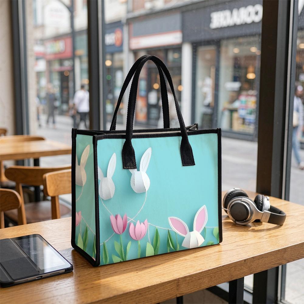 Cute Easter Bunny Tote Bag Casual Spring Tulip Printed Handbag Fashion Large Capacity Reusable Shopping Tote