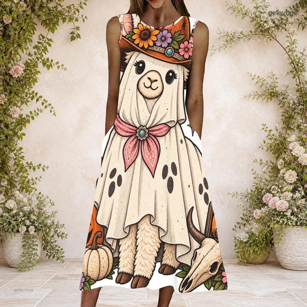 Women Plus Size Round Neck Sleeveless Cartoon Llama Printed A Line Maxi Dress With Side Pockets