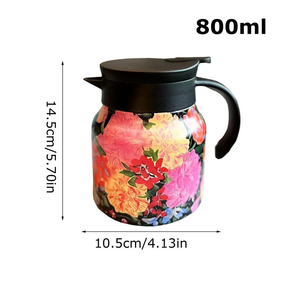 Tea Kettle 800ml Coffee Carafe Kettle Insulated Floral Pattern Teapot Stainless Steel Vacuum Thermal Pot for Brewing Filtering